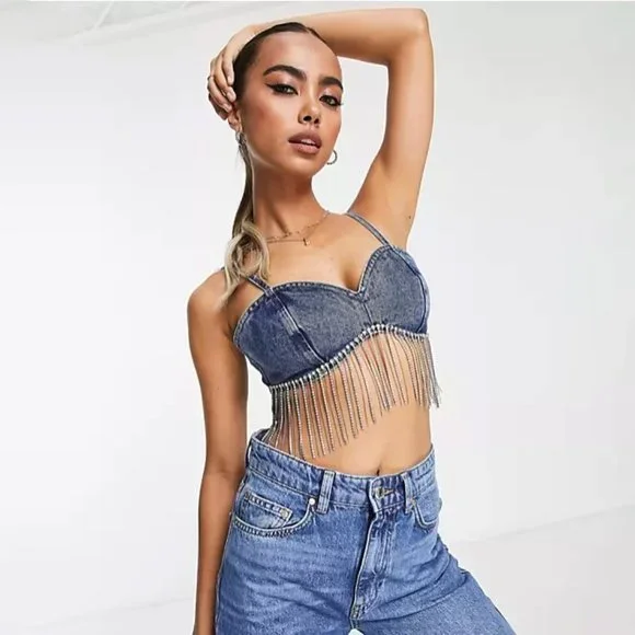 Miss Selfridge diamante fringe bralet in dark wash blue Cowboy Carter - Picture 1 of 8
